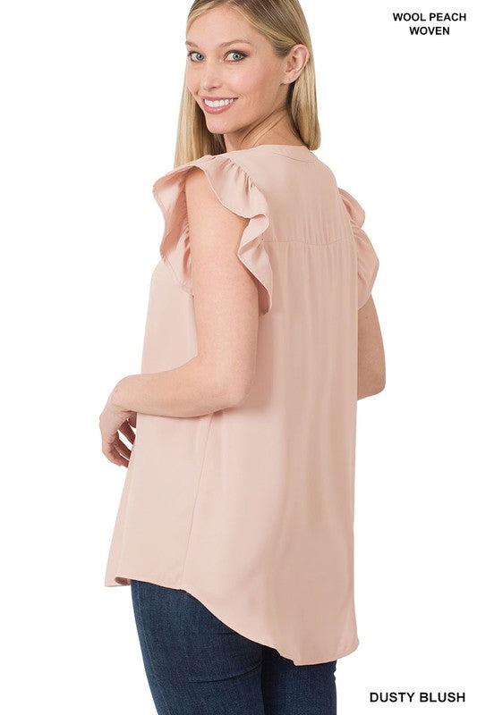 Woven Wool Peach Ruffled Sleeve High-Low Top