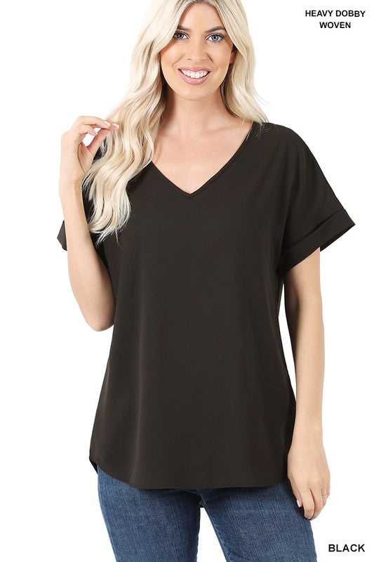 Woven Heavy Dobby Rolled Sleeve V-Neck Top