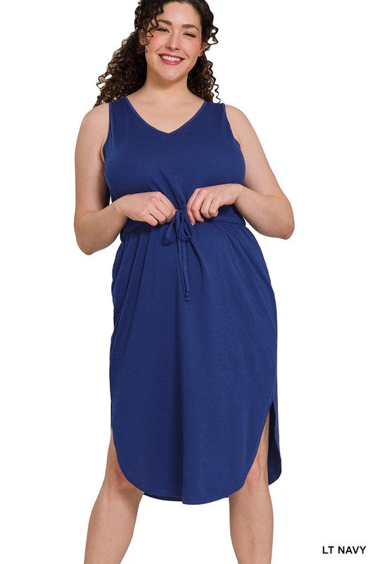 Plus Drawstring Waist Curved Hem Dress