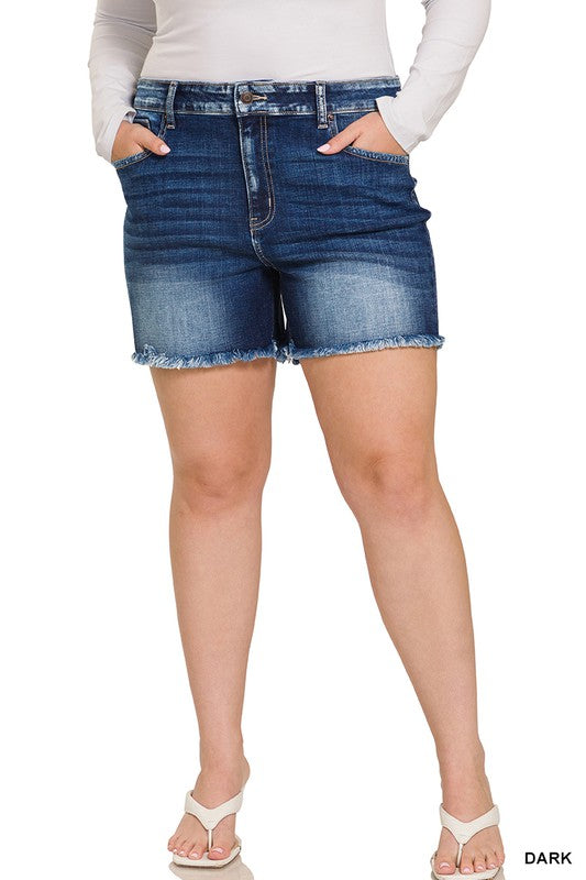 Plus Midi Raw Frayed Hem Denim Shorts