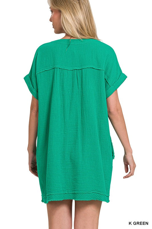 Gauze Rolled Short Sleeve Raw Edge V-Neck Dress