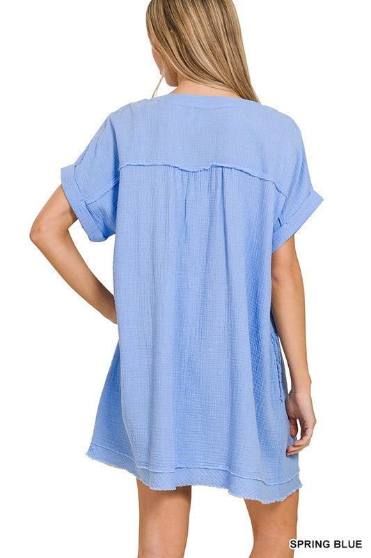 Gauze Rolled Short Sleeve Raw Edge V-Neck Dress