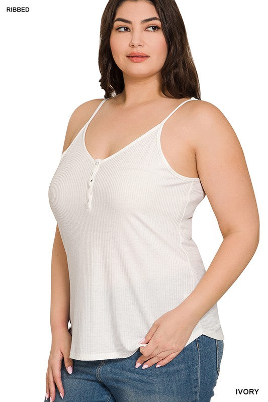 Plus Ribbed Half Snap Button Closure Cami Top