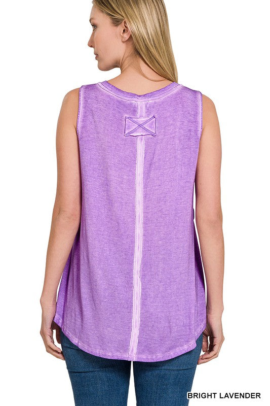 Washed Sleeveless V-Neck Top with Hi-Low Hem