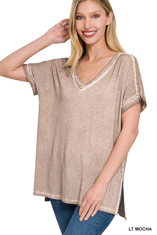 Washed Short Sleeve V-Neck Top W/ Hi-Low Hem