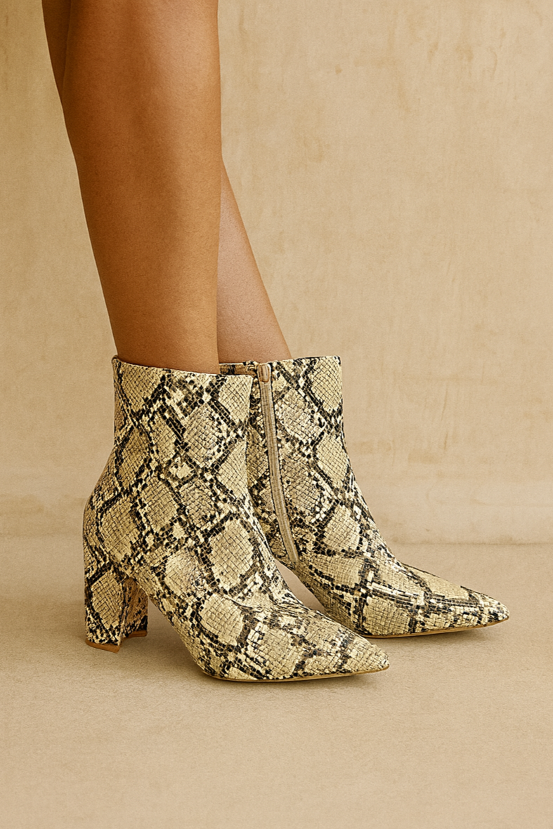 Snake print ankle boots on a beige background