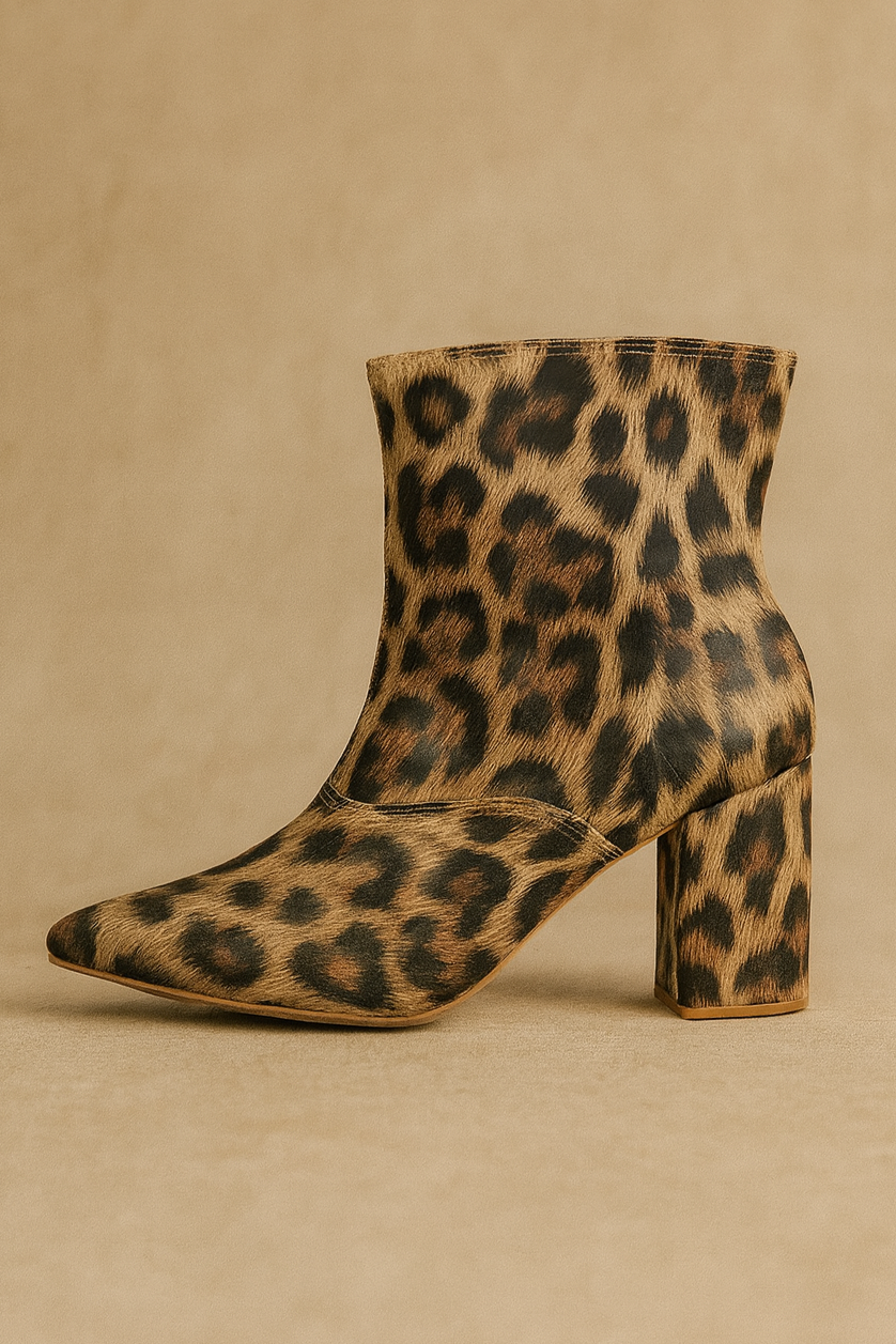Leopard print ankle boot on a beige background