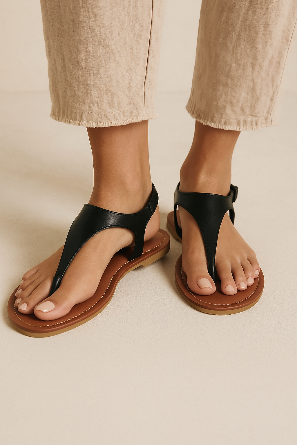 Black sandals with brown soles worn by a person on a beige background