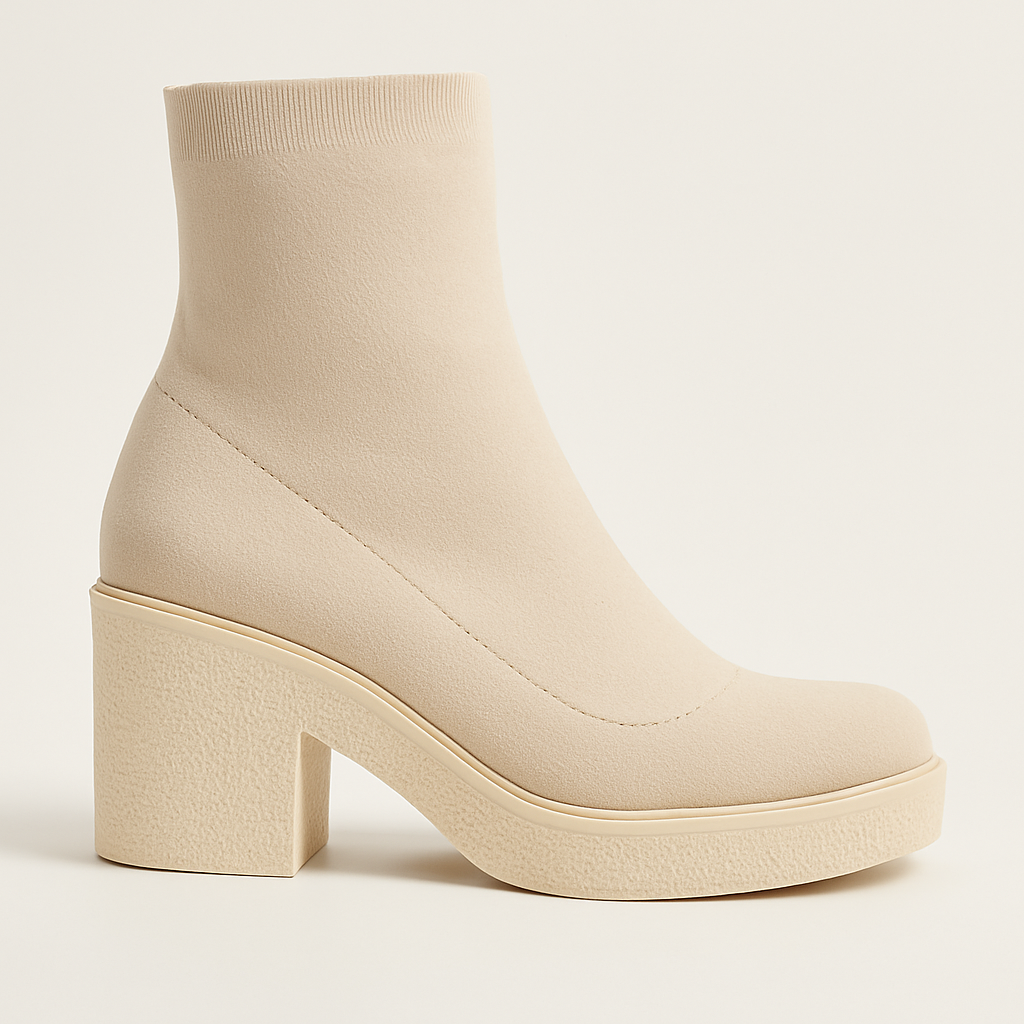 Beige ankle boot with a block heel on a light beige background