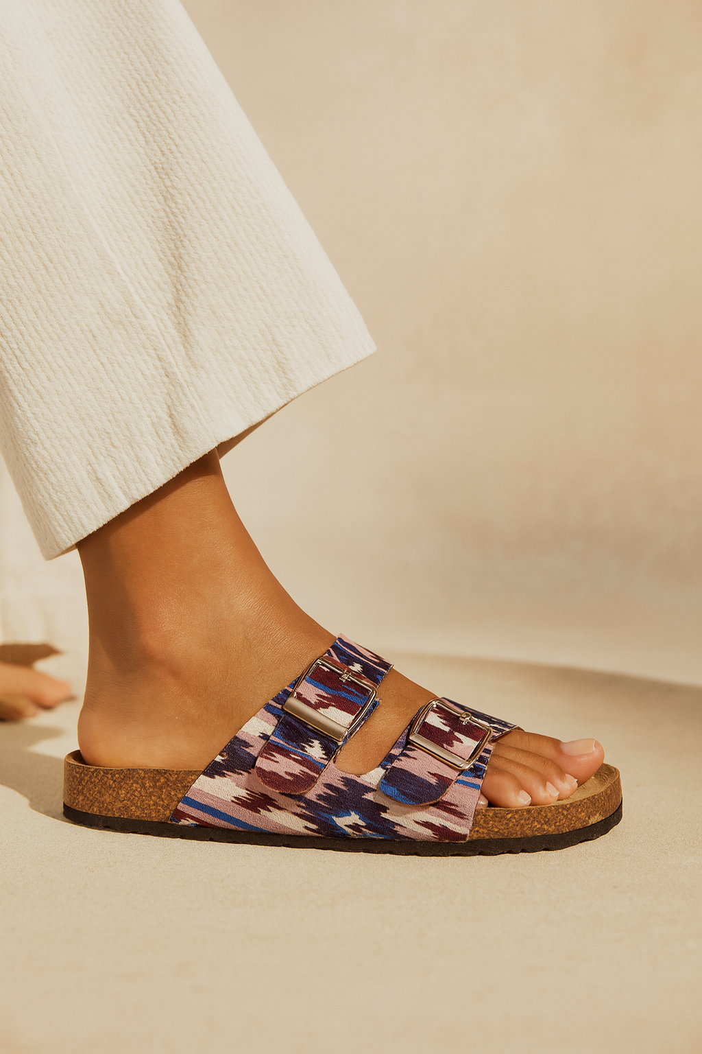 Multicolored sandal worn with light-colored pants on a beige background