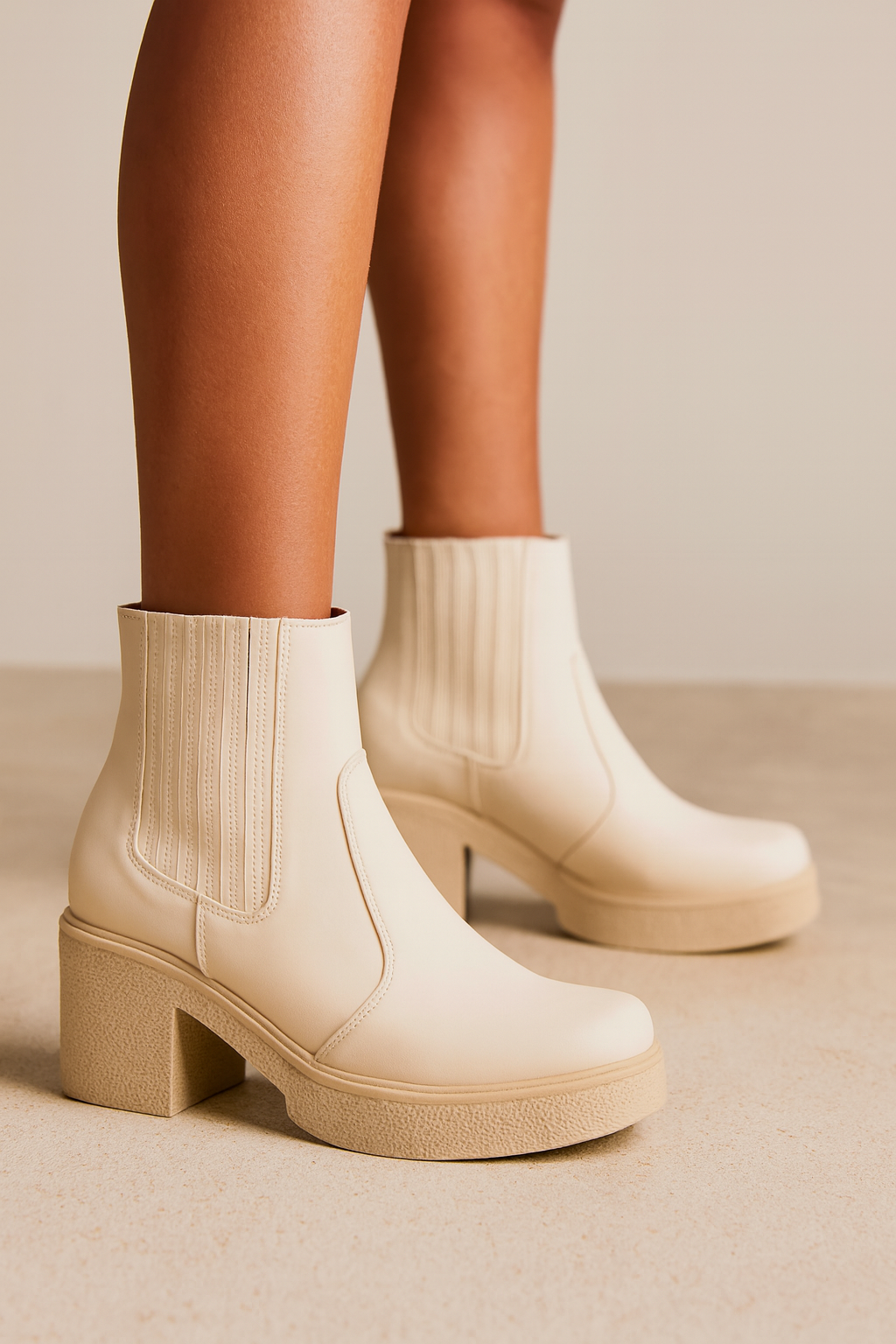 Beige ankle boots worn with a neutral background