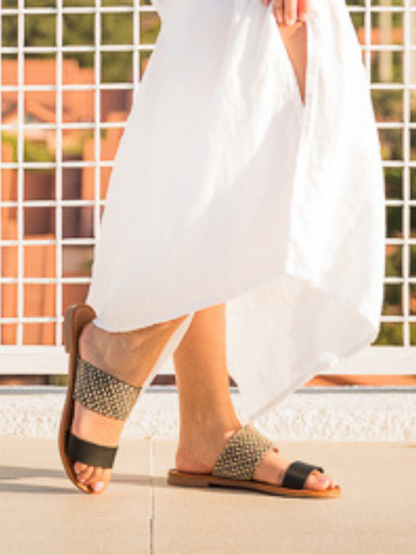 Black & Natural Woven Slide Sandals