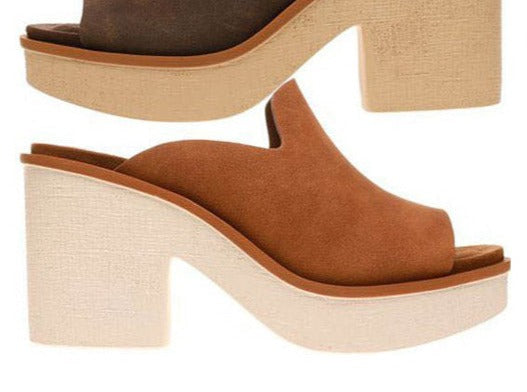 Blue 5 Tan Microsuede Open-Toe Mule Platform Chunky Heels