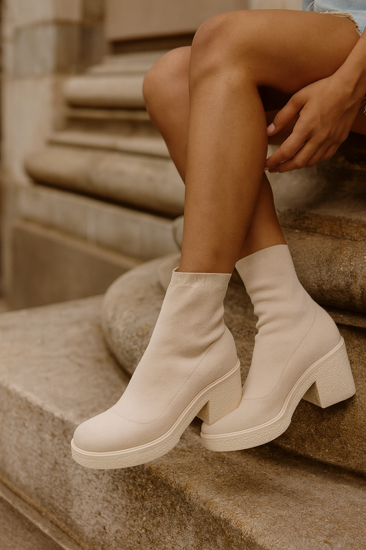 Person wearing white ankle boots sitting on stone steps.