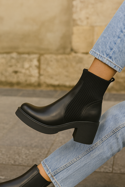 Black ankle boots worn with light blue jeans against a stone wall background