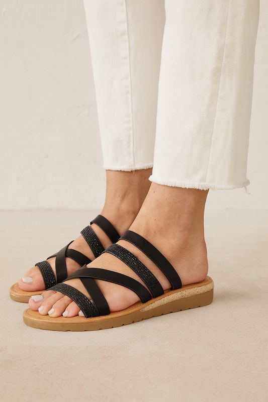 Black Multi Strap Comfort Slide Sandals