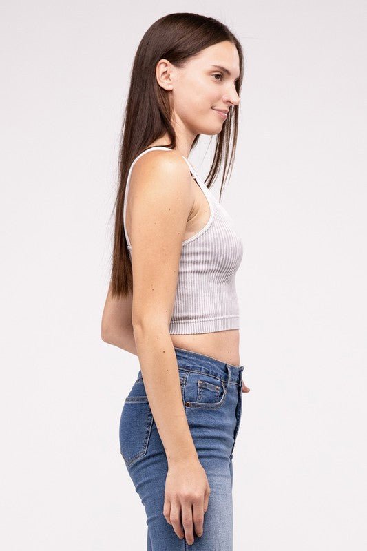 Washed Ribbed Cropped V-Neck Tank Top