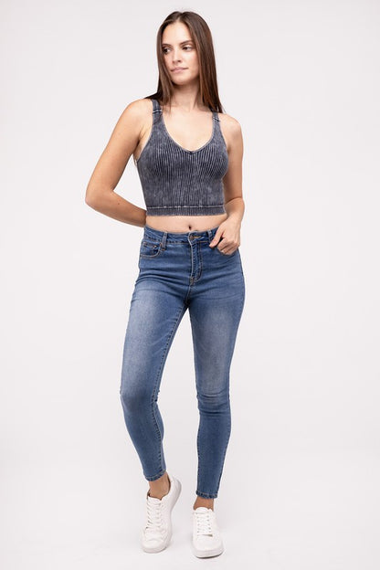 Washed Ribbed Cropped V-Neck Tank Top