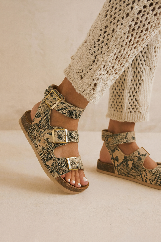 Beige Python Print Triple Strap Cork Sandals with Ankle Buckle