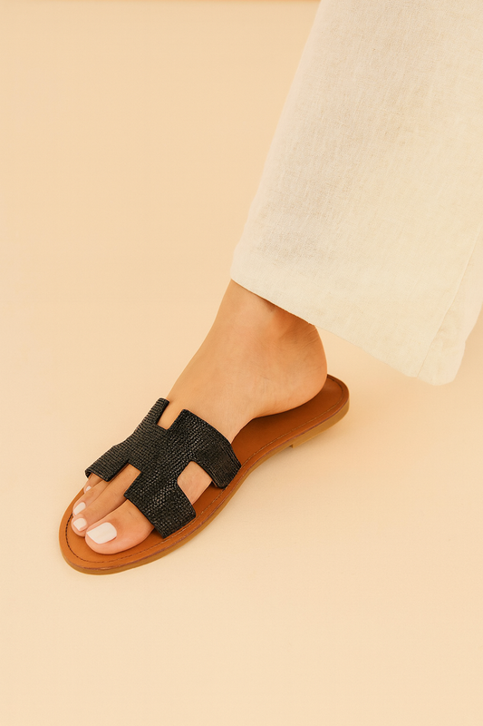 Black Crystal Luxe Cut Slide Sandals – Everyday Flats
