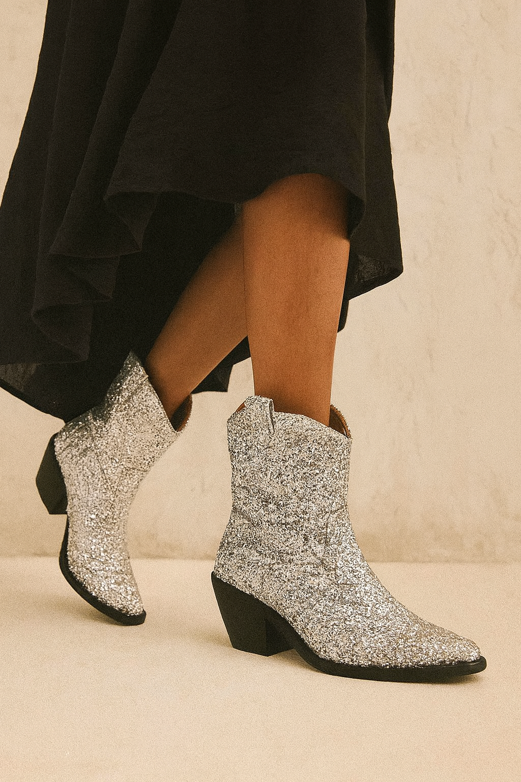 Silver Glitter Western Boots with Classic Cowboy Heel