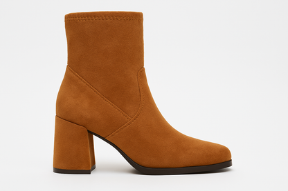 Brown ankle boot with a block heel on a white background