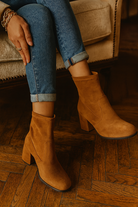 Person wearing brown ankle boots and blue jeans sitting on a couch.