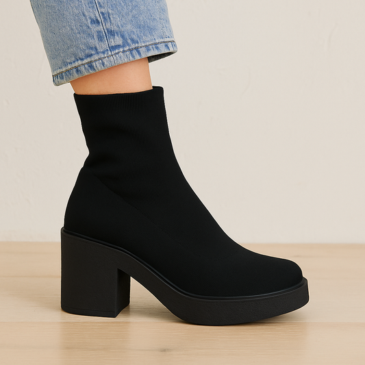 Stretch Sock Knit Boots with Platform Block Heel
