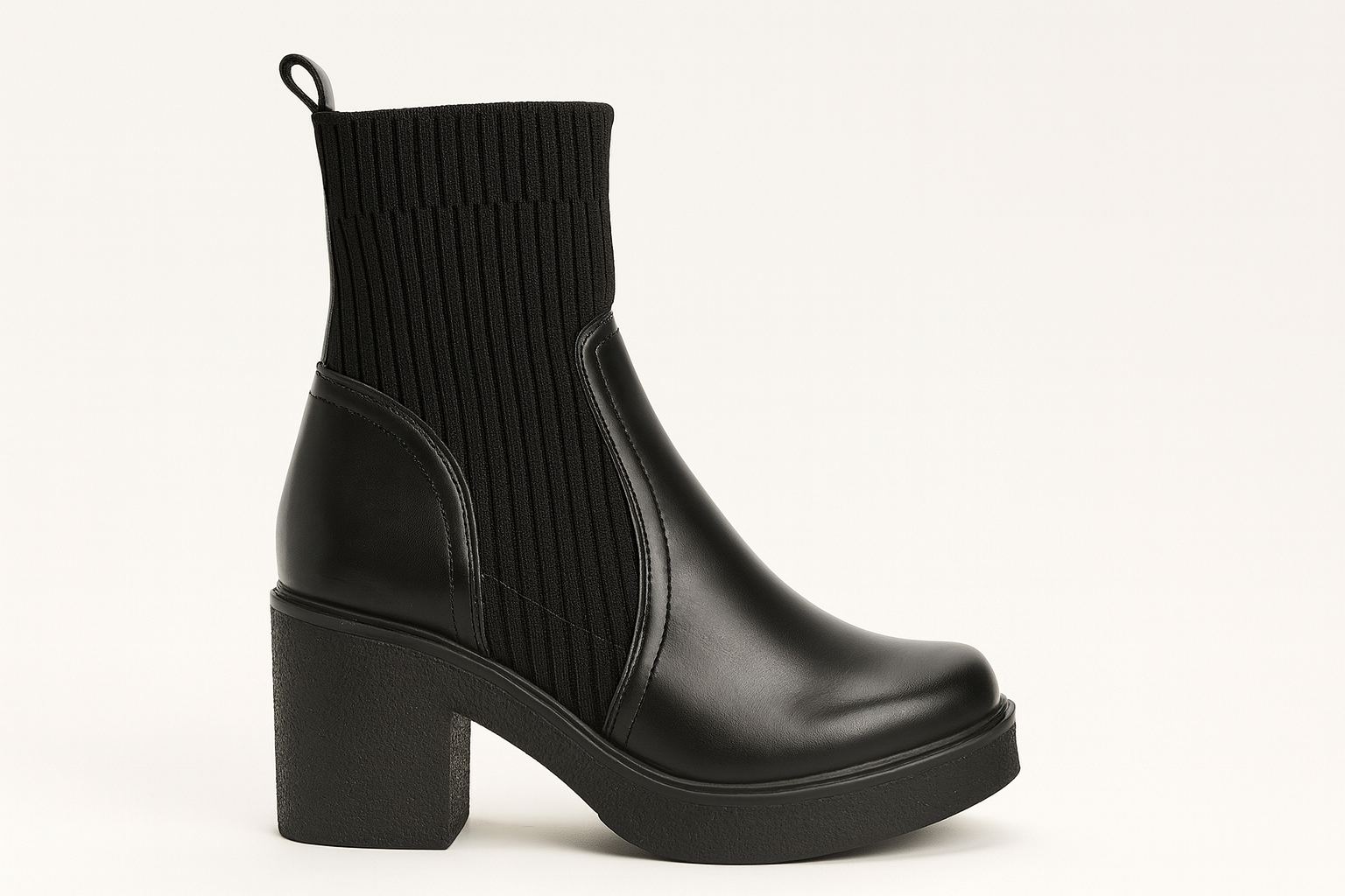 Black ankle boot with chunky heel on a white background