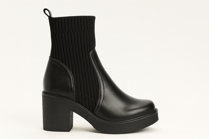 Black ankle boot with chunky heel on a white background