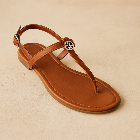 Cognac T Strap Sandals with Gold Emblem – Classic Everyday Flats