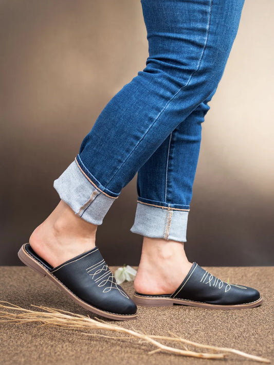 Black Western Embroidered Slide Mules