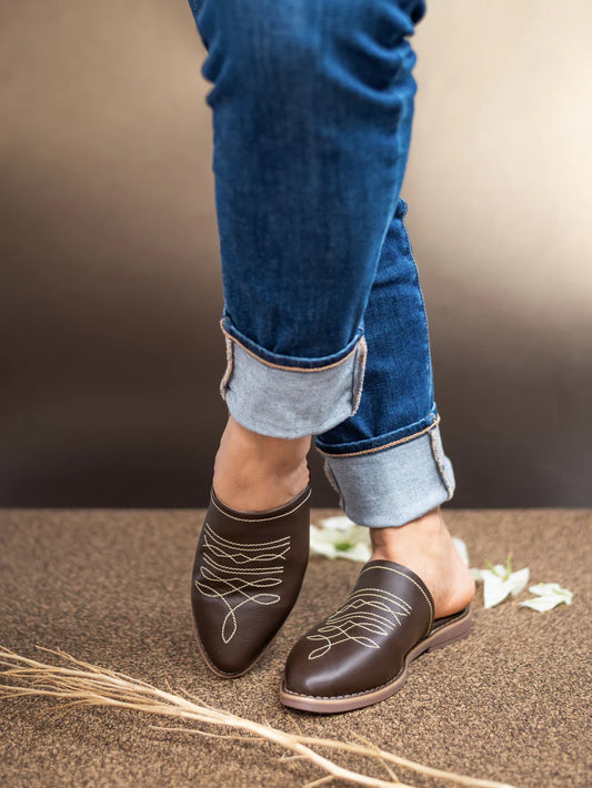 Brown Western Embroidered Slide Mules