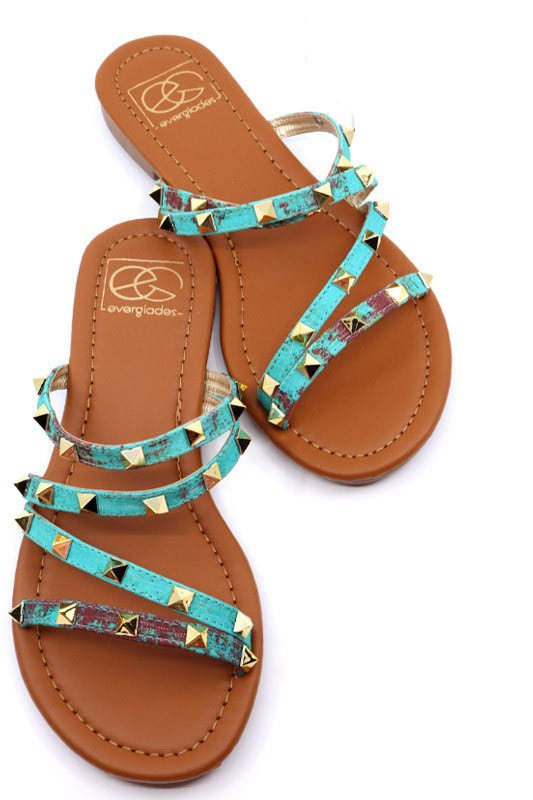 Mimi 12 Rusted Turquoise Multi-strap Studded Sandals