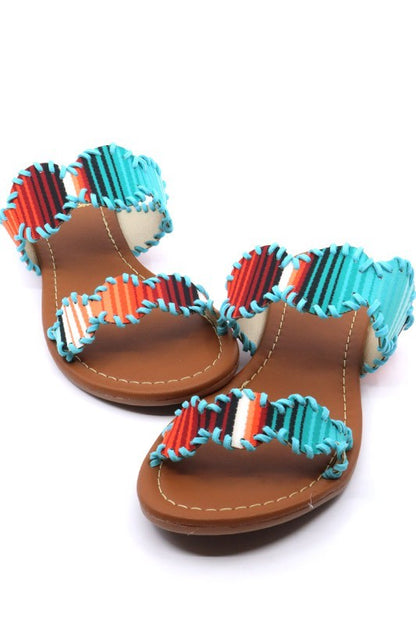Mimi 10 Double Strap Aztec Strip Turquoise Multi-color Sandals