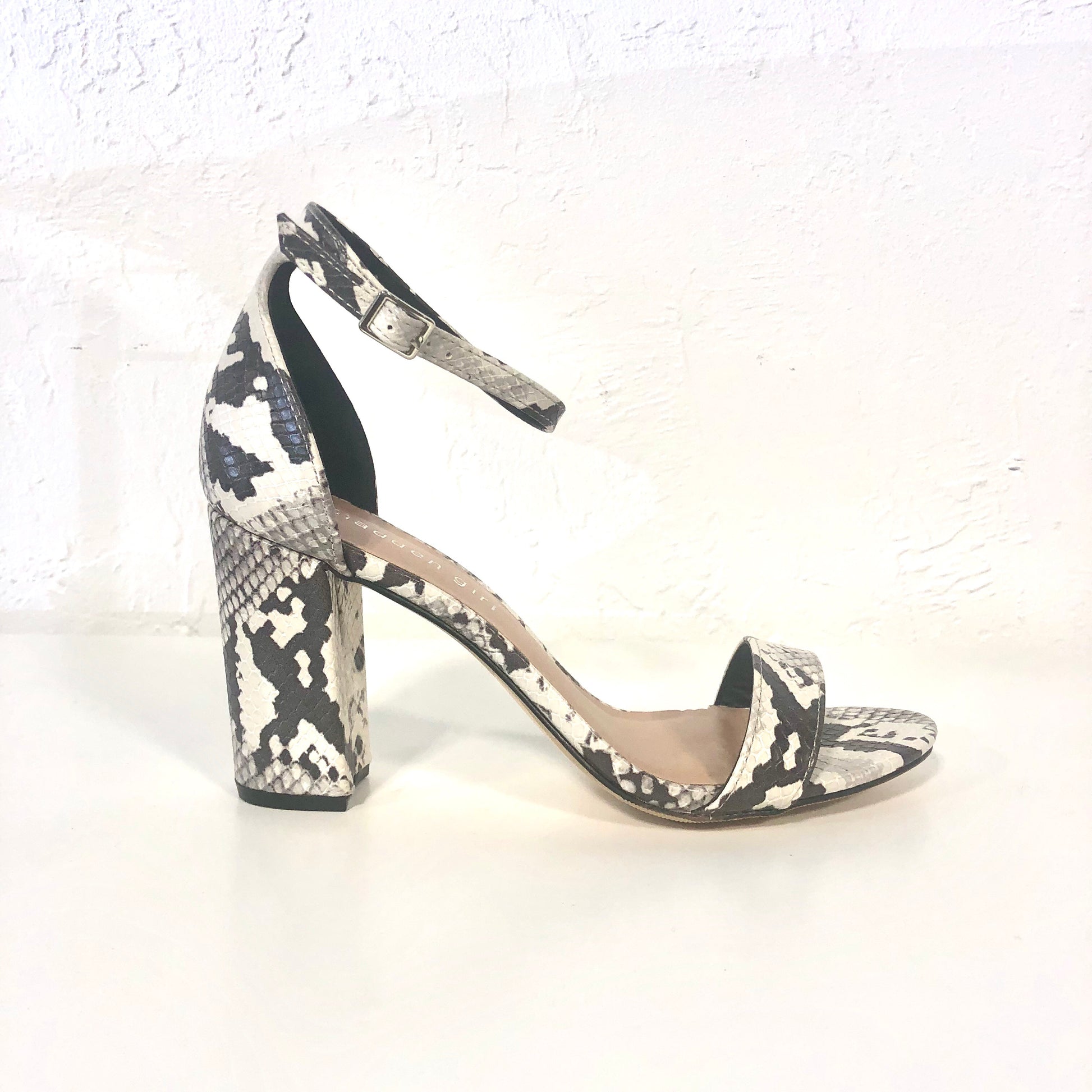 Beella Snake Black White Animal Print Block Heels - The Shoe Trunk